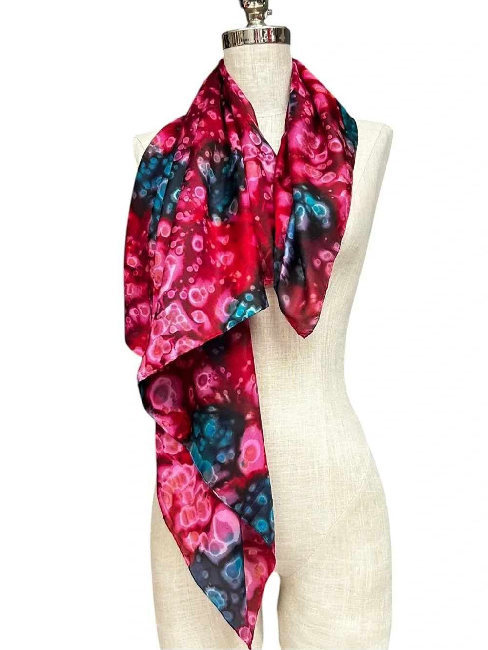 Pure Silk Abstract Pink Blue Scarf Square Magenta and Purple Watercolor Dots